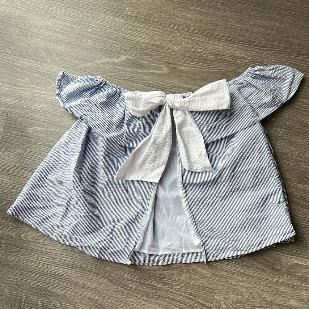 Lauren James Seer Sucker Open Back Bow Tie Off the Shoulder Top